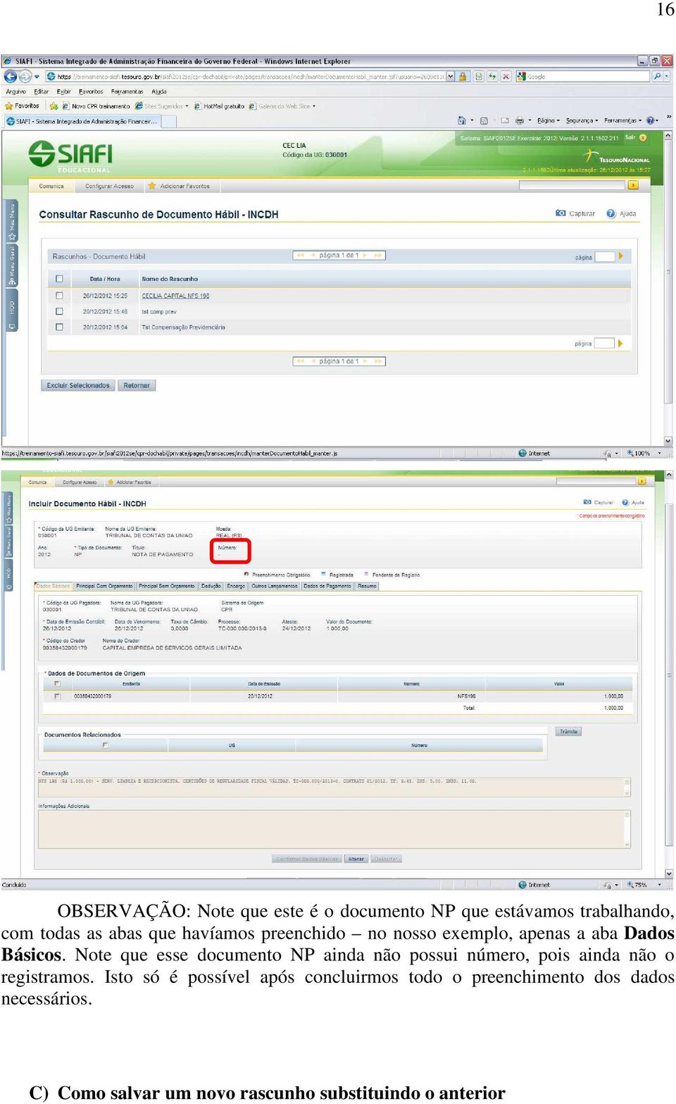 Note que esse documento NP ainda não possui número, pois ainda não o registramos.