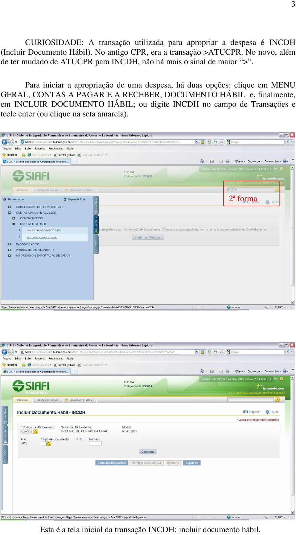 Para iniciar a apropriação de uma despesa, há duas opções: clique em MENU GERAL, CONTAS A PAGAR E A RECEBER, DOCUMENTO HÁBIL e,