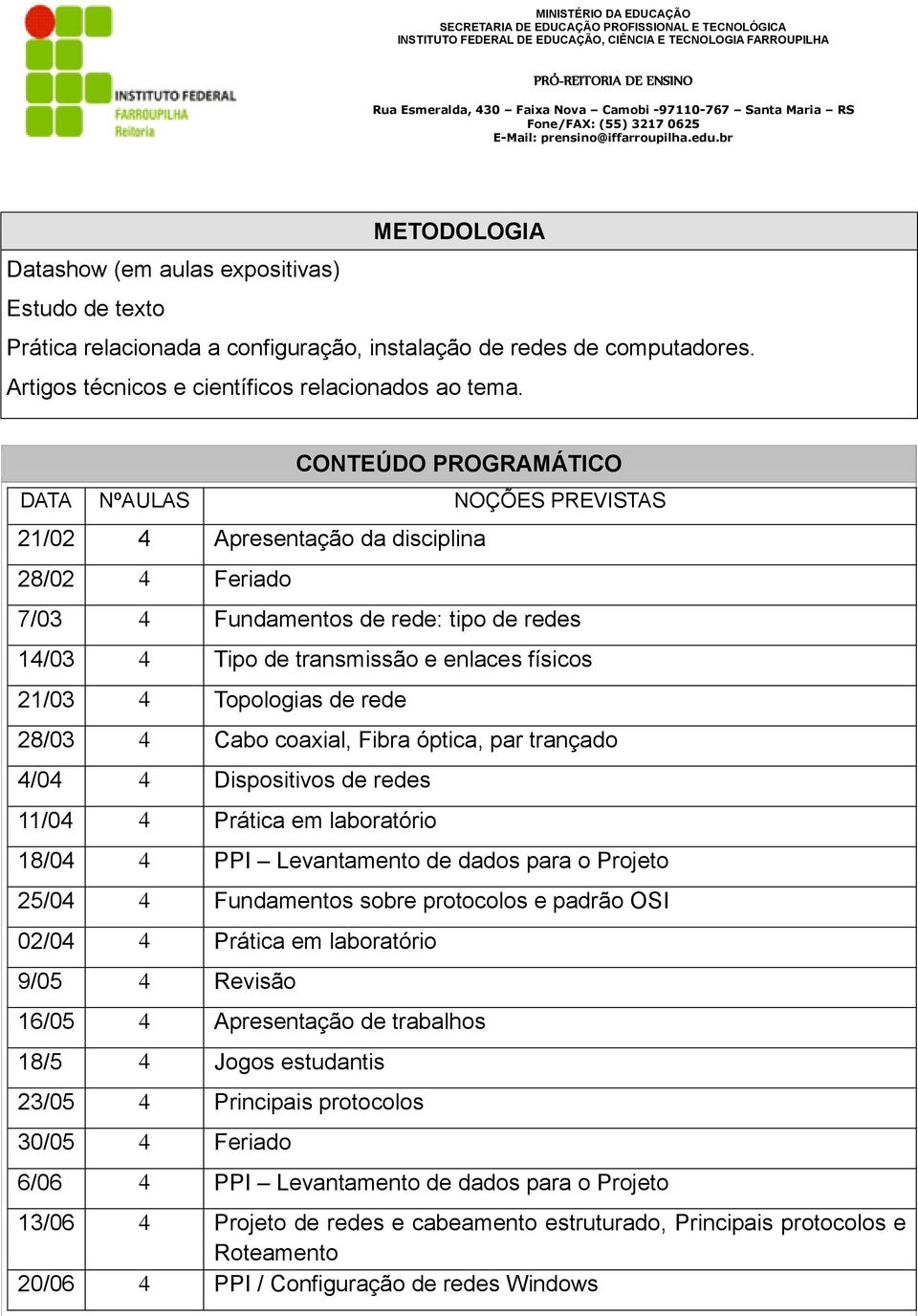 Topologias de rede 28/03 4 Cabo coaxial, Fibra óptica, par trançado 4/04 4 Dispositivos de redes 11/04 4 Prática em laboratório 18/04 4 PPI Levantamento de dados para o Projeto 25/04 4 Fundamentos