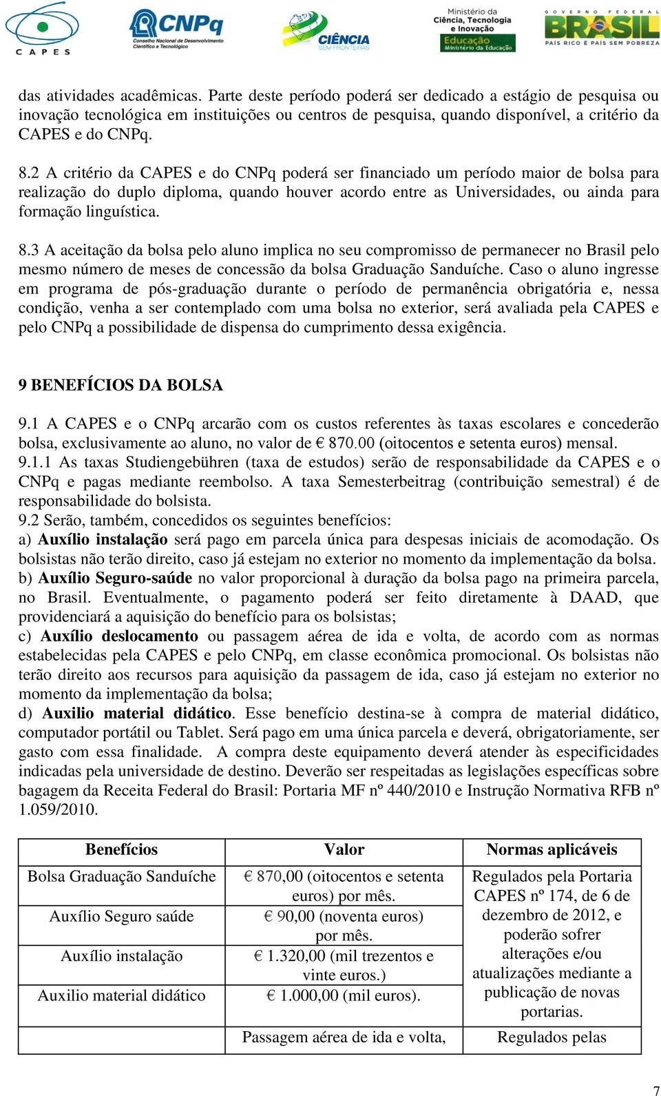 2 A critério da CAPES e do CNPq poderá ser financiado um período maior de bolsa para realização do duplo diploma, quando houver acordo entre as Universidades, ou ainda para formação linguística. 8.