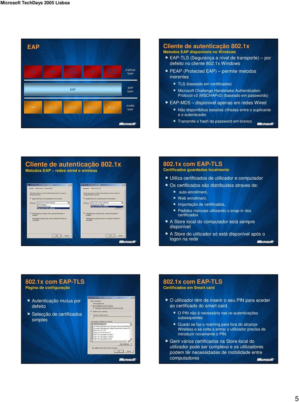 1x Windows PEAP (Protected EAP) permite metodos inerentes TLS (baseado em certificados) Microsoft Challenge Handshake Authentication Protocol v2 (MSCHAPv2) (baseado em passwords) EAP-MD5 disponivel