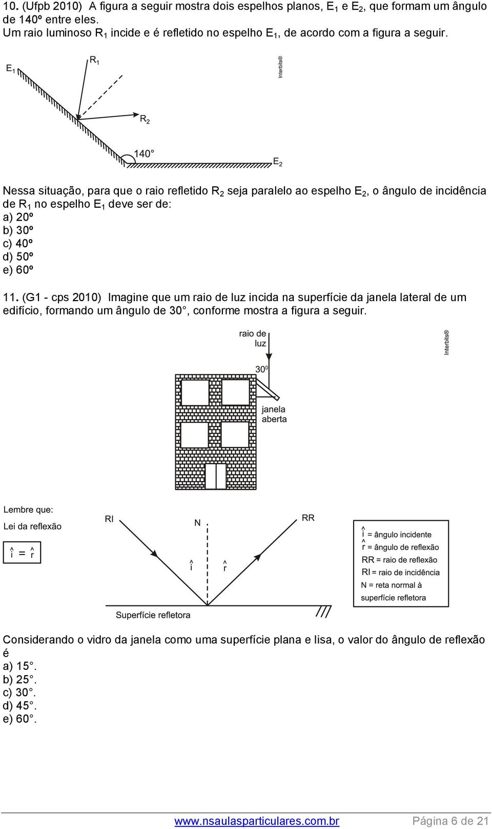 Nessa situação, para que o raio refletido R 2 seja paralelo ao espelho E 2, o ângulo de incidência de R 1 no espelho E 1 deve ser de: a) 20º b) 30º c) 40º d) 50º e) 60º 11.