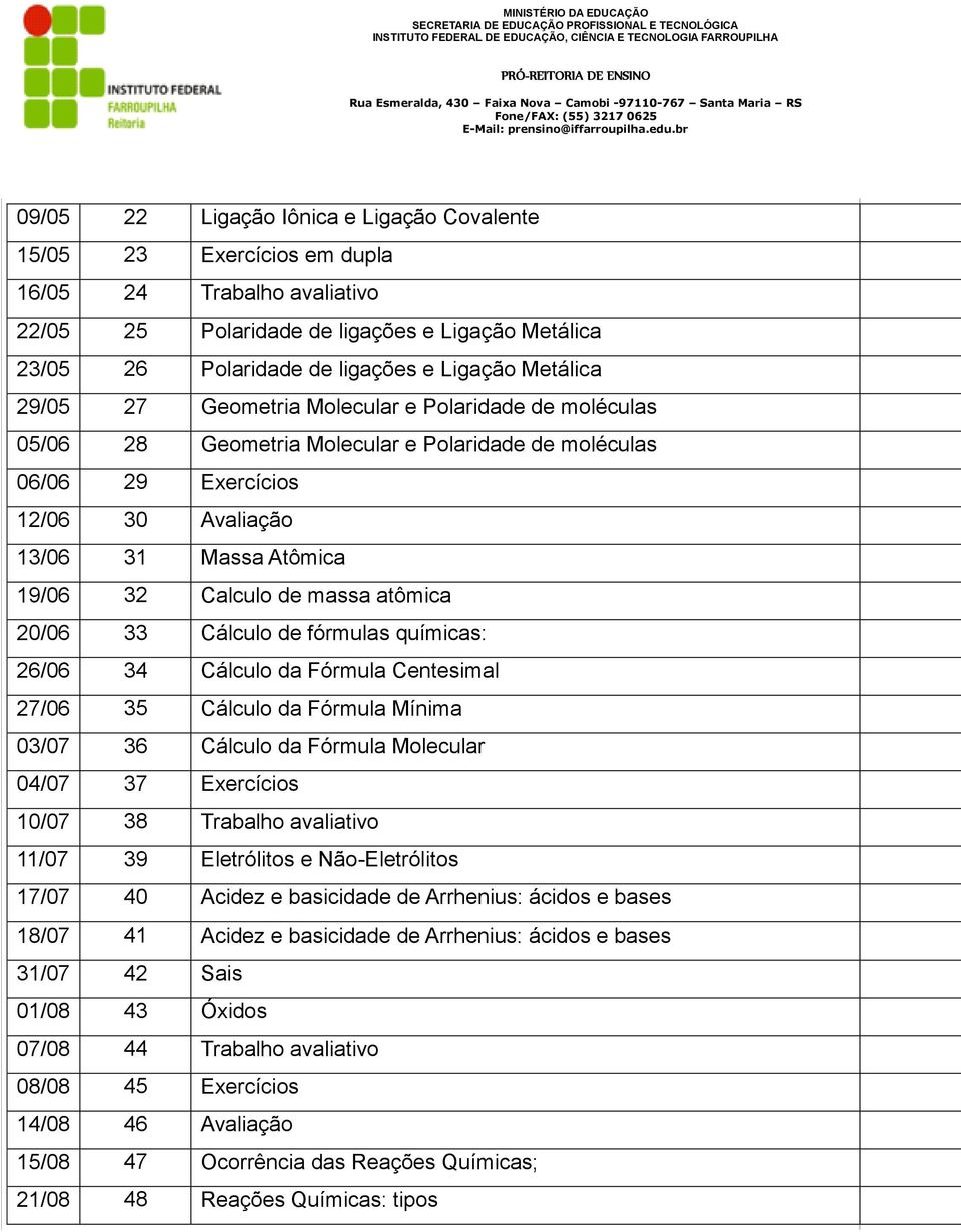 de massa atômica 20/06 33 Cálculo de fórmulas químicas: 26/06 34 Cálculo da Fórmula Centesimal 27/06 35 Cálculo da Fórmula Mínima 03/07 36 Cálculo da Fórmula Molecular 04/07 37 Exercícios 10/07 38