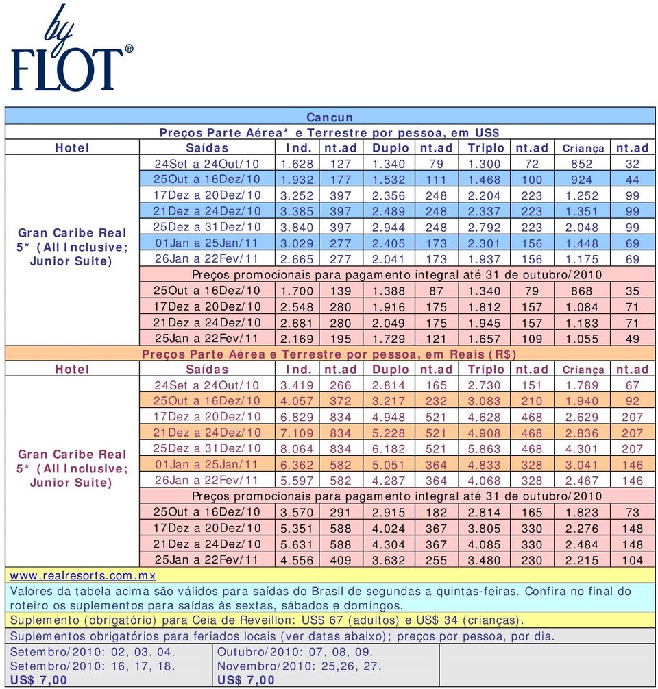 665 277 2.041 173 1.937 156 1.175 69 Preços promocionais para pagamento integral até 31 de outubro/2010 25Out a 16Dez/10 1.700 139 1.388 87 1.340 79 868 35 17Dez a 20Dez/10 2.548 280 1.916 175 1.