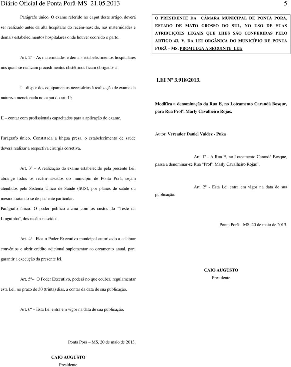 O PRESIDENTE DA CÂMARA MUNICIPAL DE PONTA PORÃ, ESTADO DE MATO GROSSO DO SUL, NO USO DE SUAS ATRIBUIÇÕES LEGAIS QUE LHES SÃO CONFERIDAS PELO ARTIGO 43, V, DA LEI ORGÂNICA DO MUNICÍPIO DE PONTA PORÃ