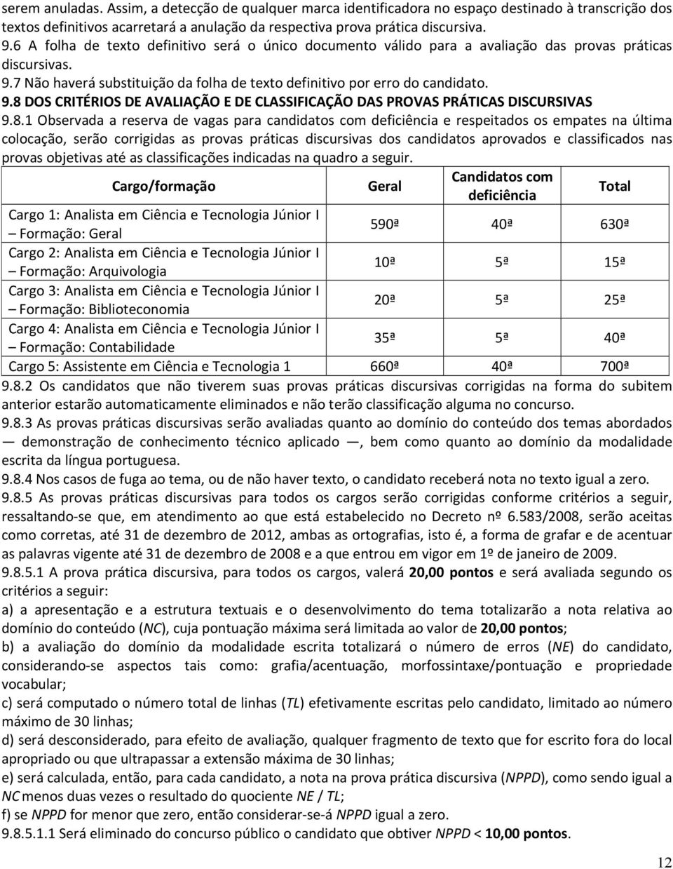 8.1 Observada a reserva de vagas para candidatos com deficiência e respeitados os empates na última colocação, serão corrigidas as provas práticas discursivas dos candidatos aprovados e classificados