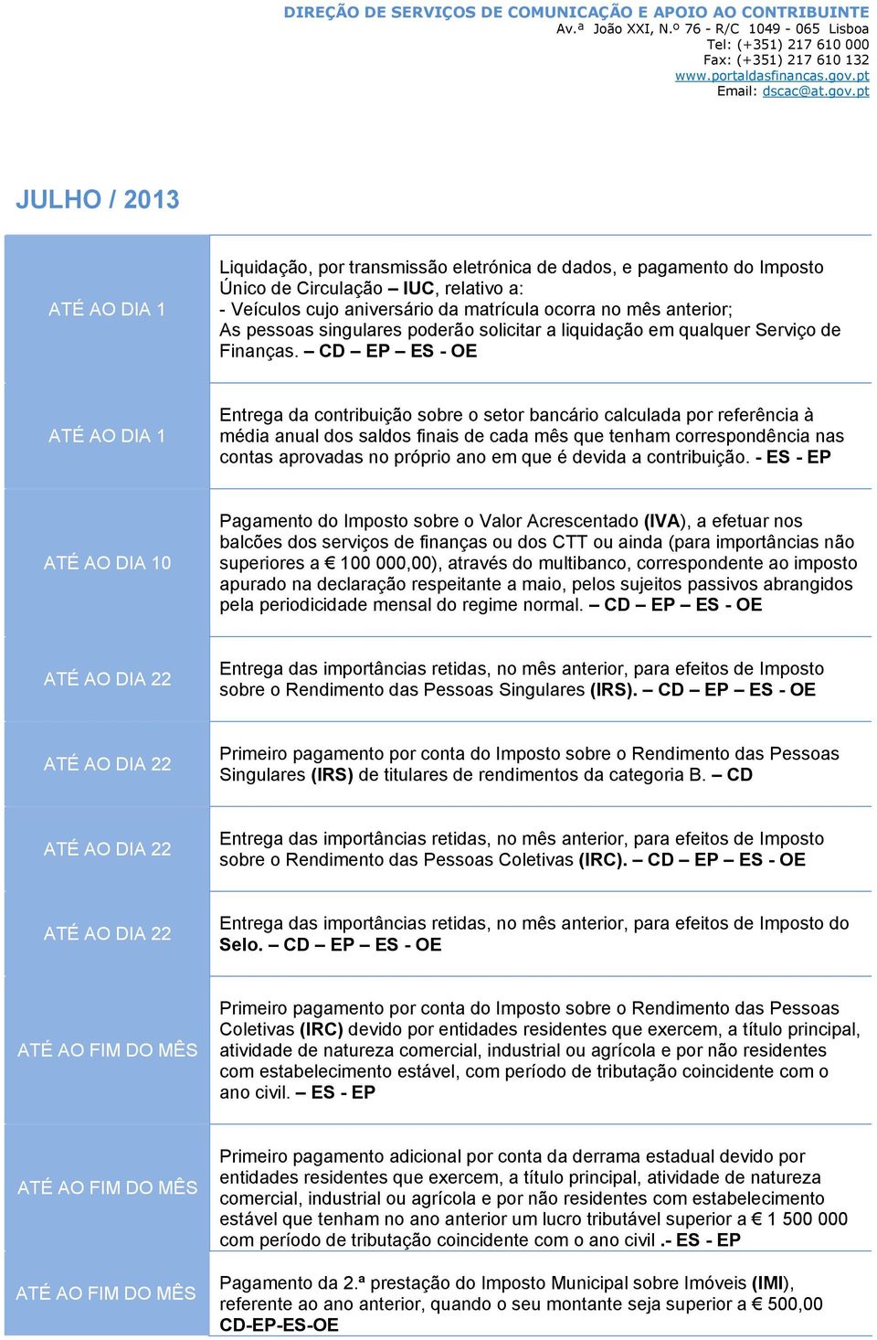 - ES - EP ATÉ AO DIA 10 não apurado na declaração respeitante a maio, pelos sujeitos passivos abrangidos pela periodicidade mensal do regime normal.