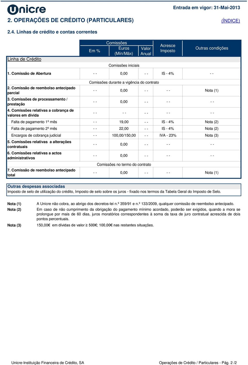 relativas a cobrança de valores em dívida Falta de pagamento 1º mês 0,00 0,00 Falta de pagamento 2º mês 22,00 IS - 4% Encargos de cobrança judicial 5. relativas a alterações contratuais 6.