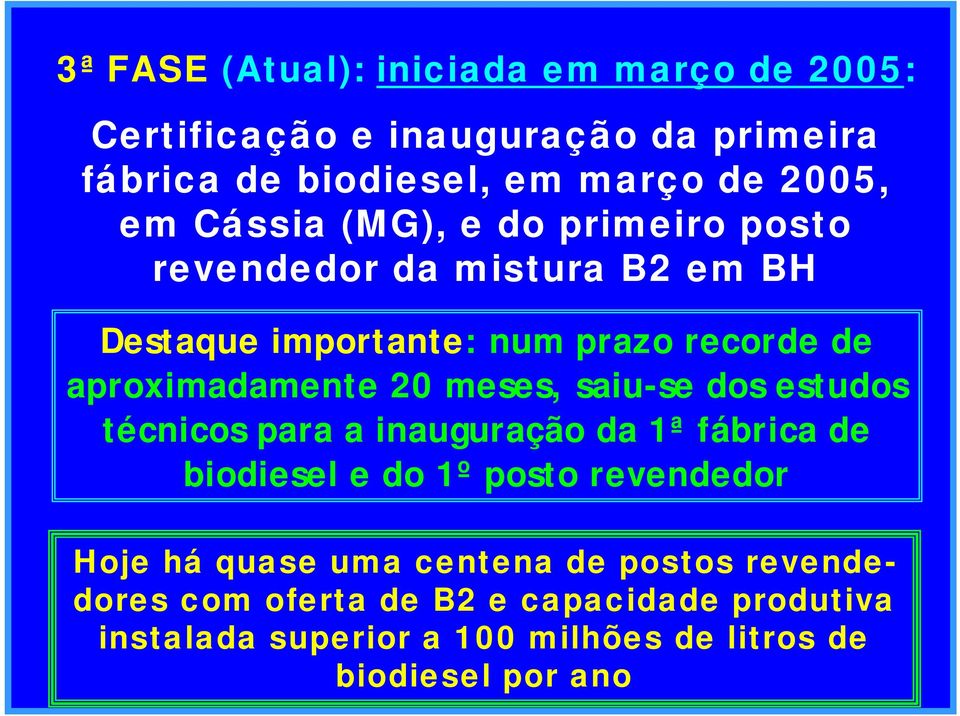 meses, saiu-se dos estudos técnicos para a inauguração da 1ª fábrica de biodiesel e do 1º posto revendedor Hoje há quase uma