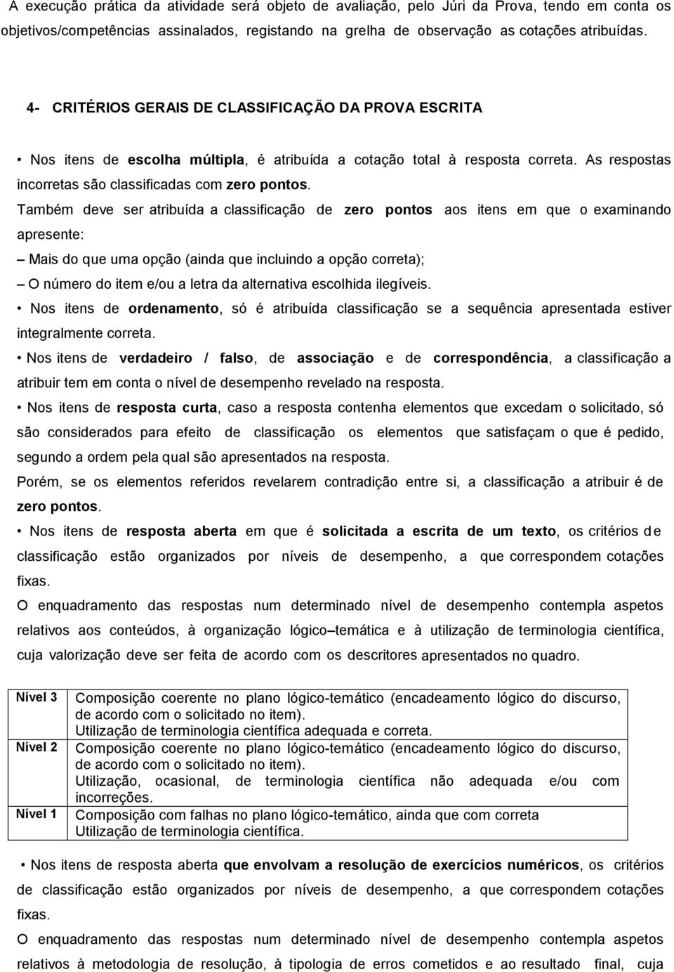 Também deve ser atribuída a classificação de zero pontos aos itens em que o examinando apresente: Mais do que uma opção (ainda que incluindo a opção correta); O número do item e/ou a letra da