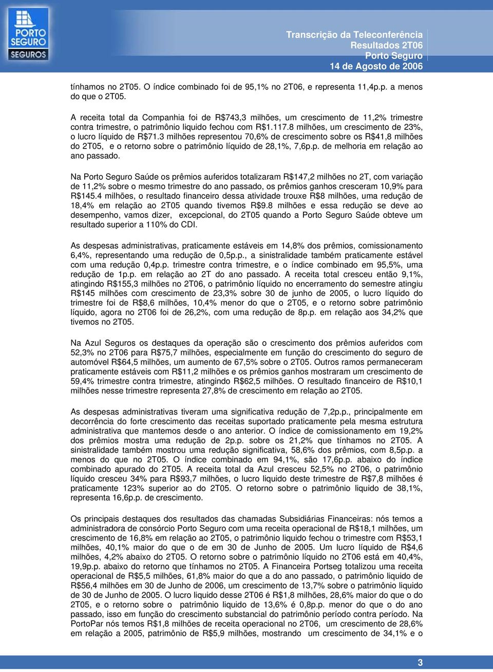 8 milhões, um crescimento de 23%, o lucro líquido de R$71.3 milhões representou 70,6% de crescimento sobre os R$41,8 milhões do 2T05, e o retorno sobre o patrimônio líquido de 28,1%, 7,6p.p. de melhoria em relação ao ano passado.