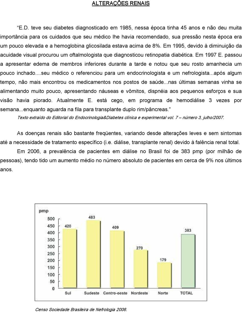 hemoglobina glicosilada estava acima de 8%. Em 1995, devido à diminuição da acuidade visual procurou um oftalmologista que diagnosticou retinopatia diabética. Em 1997 E.