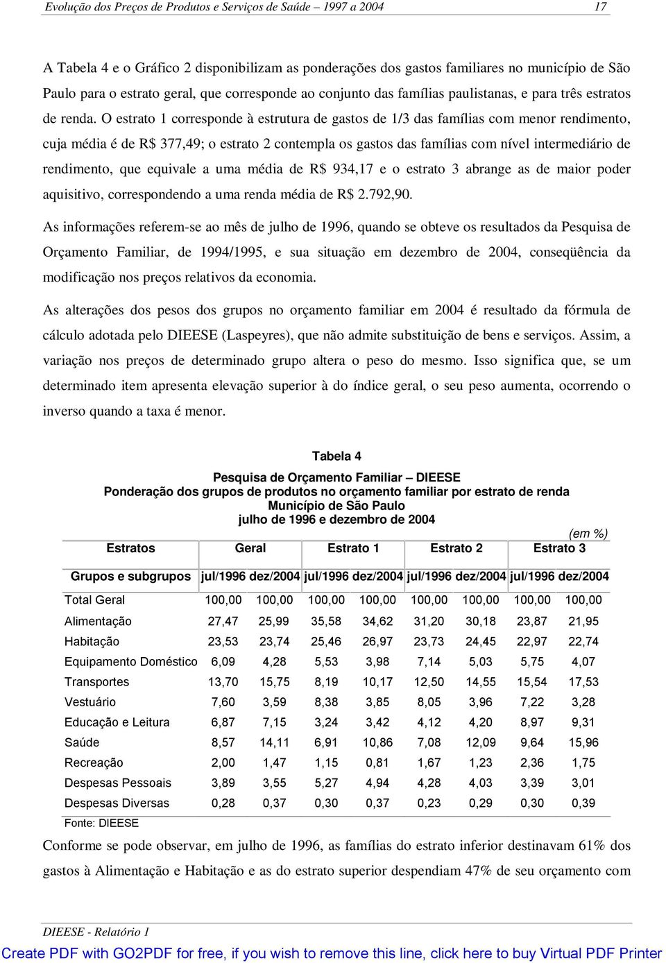 O estrato 1 corresponde à estrutura de gastos de 1/3 das famílias com menor rendimento, cuja média é de R$ 377,49; o estrato 2 contempla os gastos das famílias com nível intermediário de rendimento,