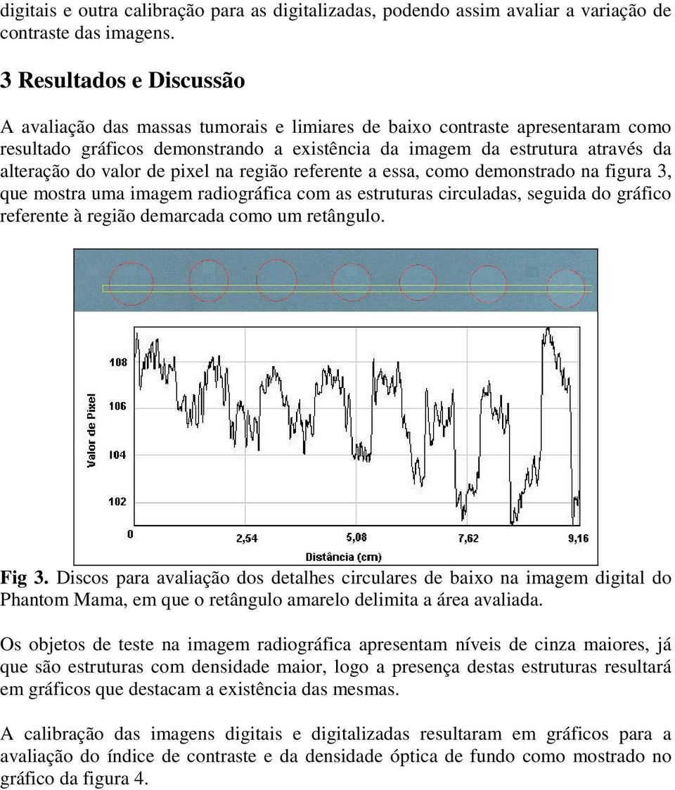 valor de pixel na região referente a essa, como demonstrado na figura 3, que mostra uma imagem radiográfica com as estruturas circuladas, seguida do gráfico referente à região demarcada como um