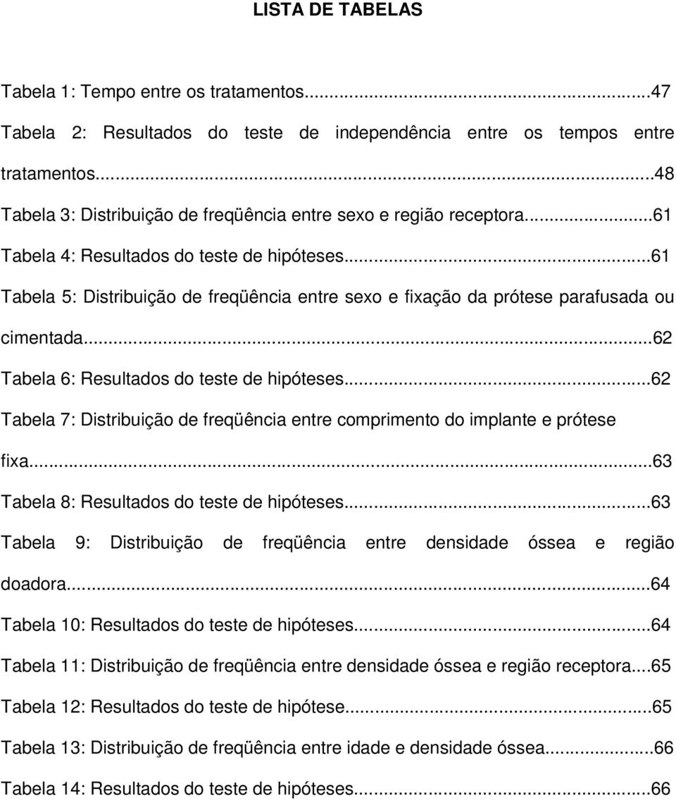 ..61 Tabela 5: Distribuição de freqüência entre sexo e fixação da prótese parafusada ou cimentada...62 Tabela 6: Resultados do teste de hipóteses.