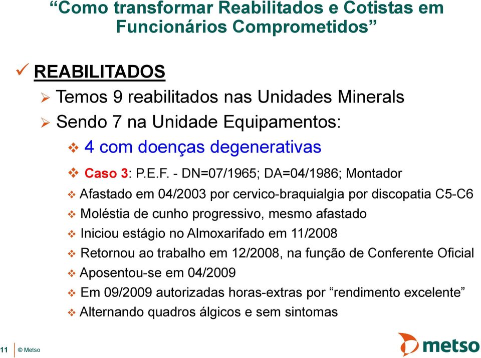 progressivo, mesmo afastado Iniciou estágio no Almoxarifado em 11/2008 Retornou ao trabalho em 12/2008, na função de Conferente