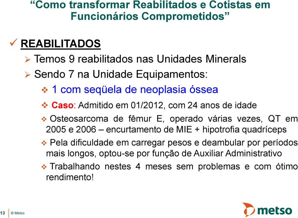 2006 encurtamento de MIE + hipotrofia quadríceps Pela dificuldade em carregar pesos e deambular por períodos mais