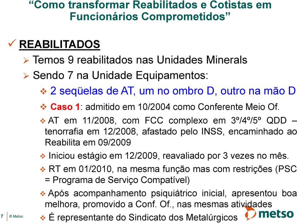 AT em 11/2008, com FCC complexo em 3º/4º/5º QDD tenorrafia em 12/2008, afastado pelo INSS, encaminhado ao Reabilita em 09/2009 Iniciou estágio em 12/2009,