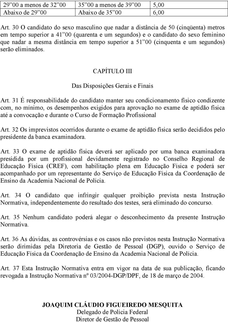 superior a 51 00 (cinquenta e um segundos) serão eliminados. CAPÍTULO III Das Disposições Gerais e Finais Art.