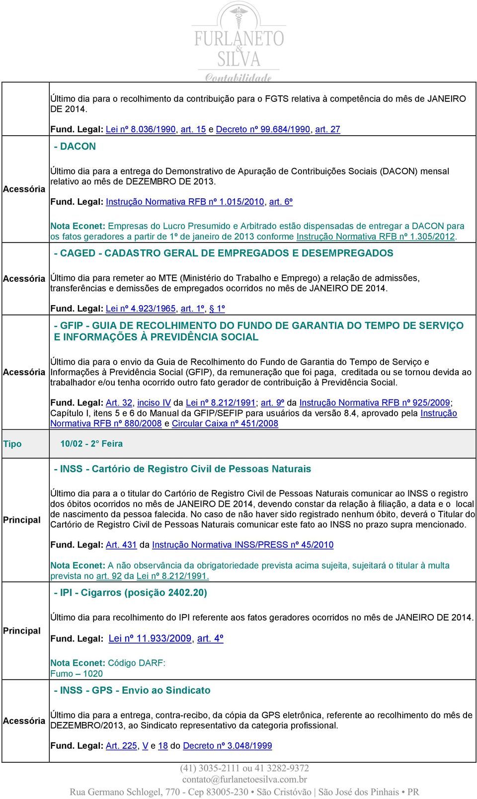 6º Nota Econet: Empresas do Lucro Presumido e Arbitrado estão dispensadas de entregar a DACON para os fatos geradores a partir de 1º de janeiro de 2013 conforme Instrução Normativa RFB nº 1.305/2012.