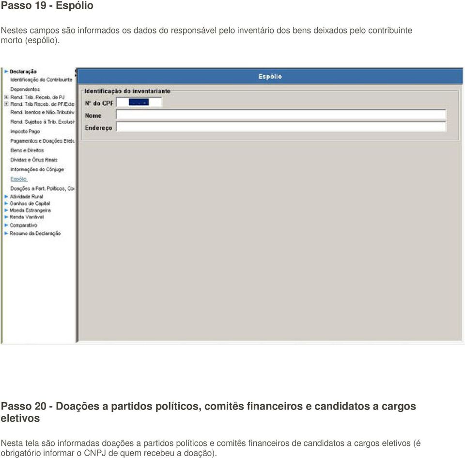 Passo 20 - Doações a partidos políticos, comitês financeiros e candidatos a cargos eletivos Nesta