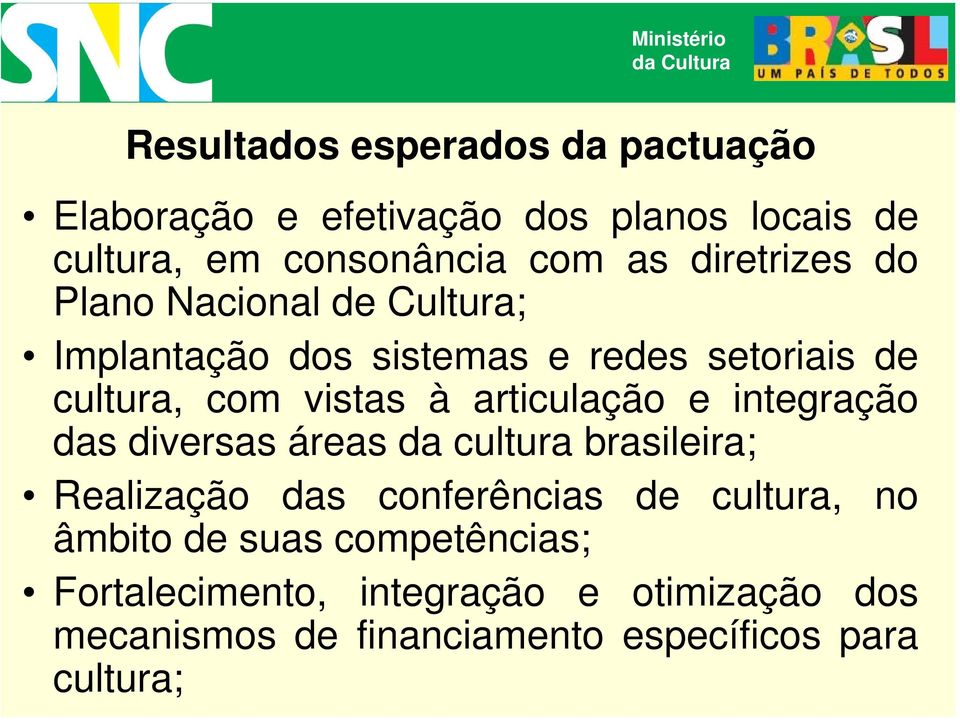 articulação e integração das diversas áreas da cultura brasileira; Realização das conferências de cultura, no