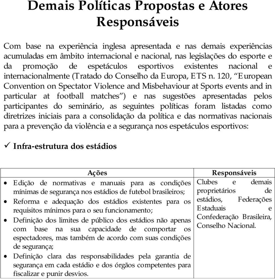 120, Eurpean Cnventin n Spectatr Vilence and Misbehaviur at Sprts events and in particular at ftball matches ) e nas sugestões apresentadas pels participantes d seminári, as seguintes plíticas fram