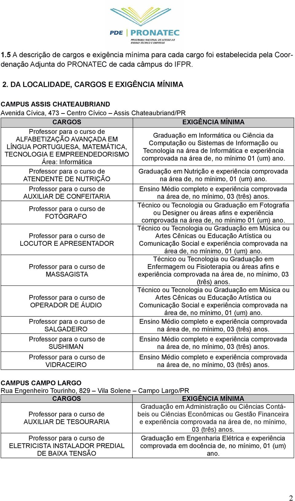 Informática ATENDENTE DE NUTRIÇÃO AUXILIAR DE CONFEITARIA FOTÓGRAFO LOCUTOR E APRESENTADOR MASSAGISTA OPERADOR DE ÁUDIO SALGADEIRO SUSHIMAN VIDRACEIRO Graduação em Informática ou Ciência da