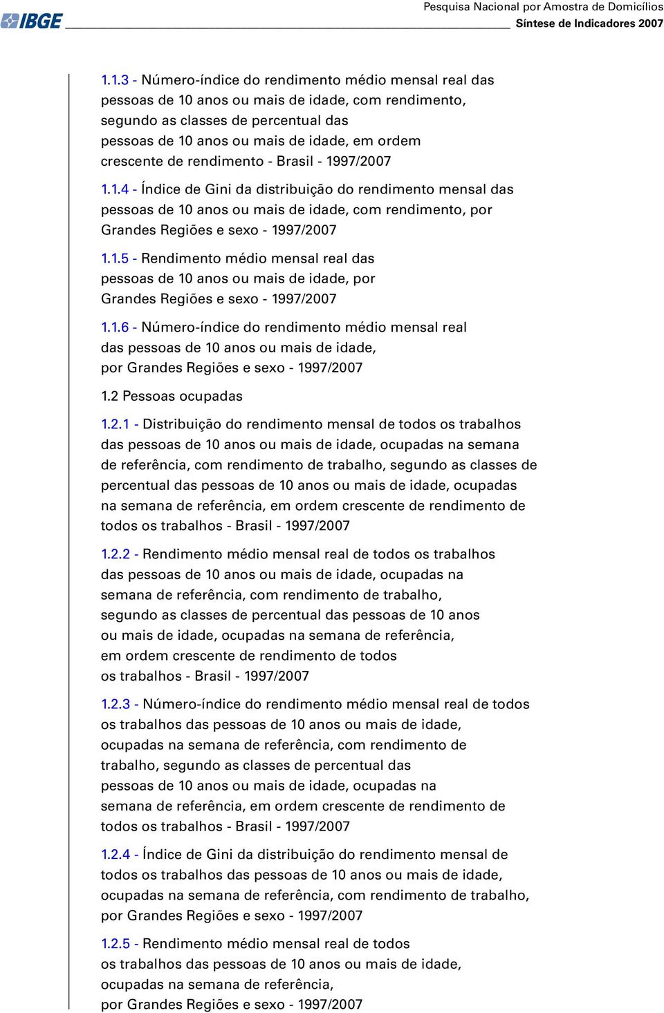 crescente de rendimento - Brasil - 1997/2007 1.1.4 - Índice de Gini da distribuição do rendimento mensal das pessoas de 10 anos ou mais de idade, com rendimento, por Grandes Regiões e sexo - 1997/2007 1.