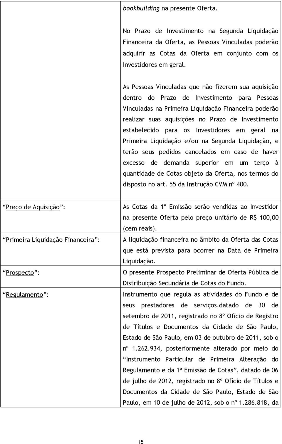 As Pessoas Vinculadas que não fizerem sua aquisição dentro do Prazo de Investimento para Pessoas Vinculadas na Primeira Liquidação Financeira poderão realizar suas aquisições no Prazo de Investimento