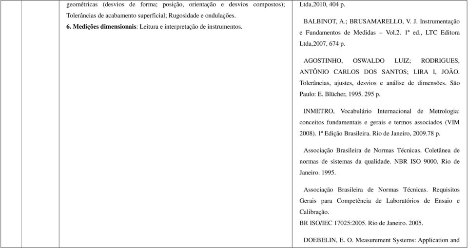 AGOSTINHO, OSWALDO LUIZ; RODRIGUES, ANTÔNIO CARLOS DOS SANTOS; LIRA I, JOÃO. Tolerâncias, ajustes, desvios e análise de dimensões. São Paulo: E. Blücher, 1995. 295 p.