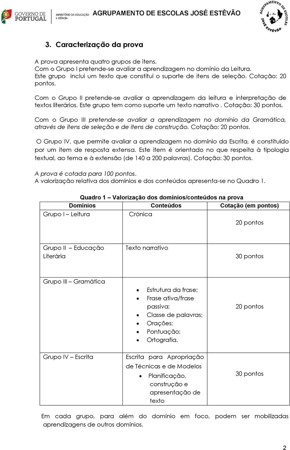 Este grupo tem como suporte um texto narrativo. Cotação: 30 pontos. Com o Grupo III pretende-se avaliar a aprendizagem no domínio da Gramática, através de itens de seleção e de itens de construção.