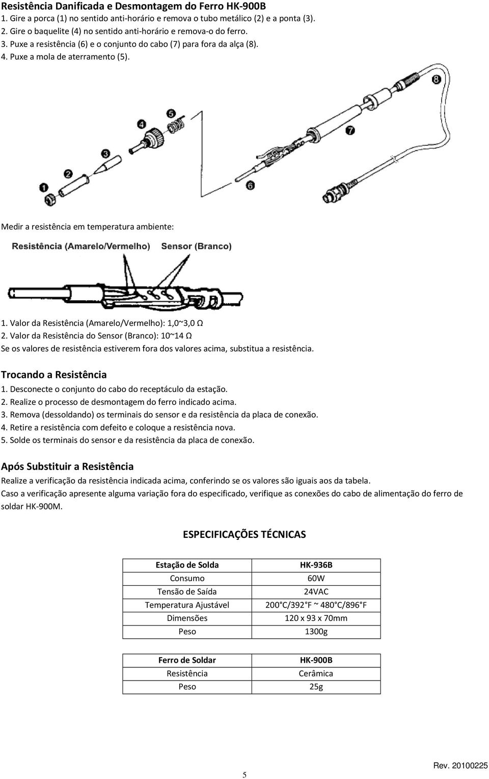 Medir a resistência em temperatura ambiente: 1. Valor da Resistência (Amarelo/Vermelho): 1,0~3,0 Ω 2.