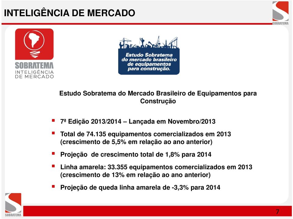 135 equipamentos comercializados em 2013 (crescimento de 5,5% em relação ao ano anterior) Projeção de