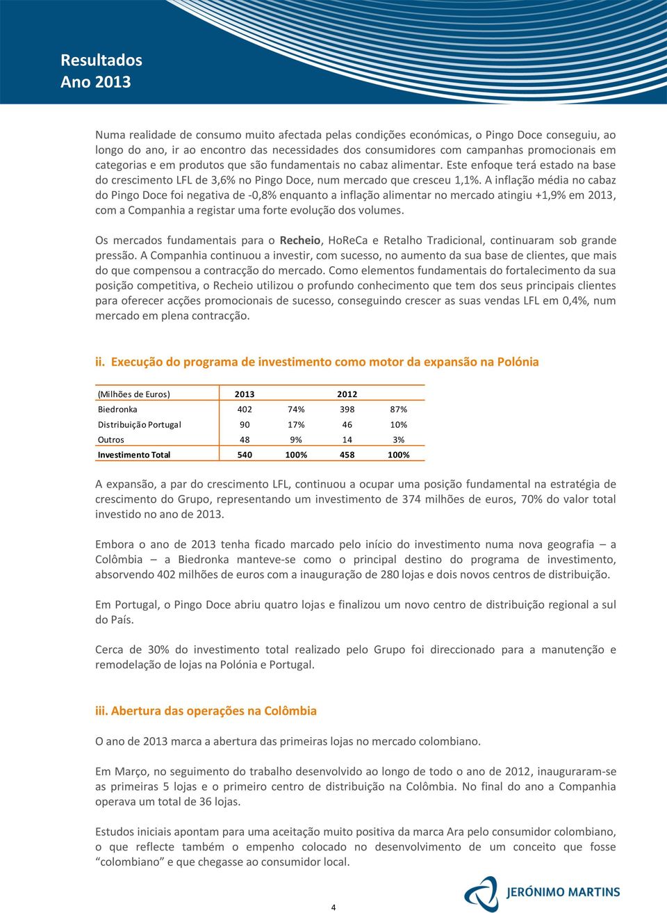 A inflação média no cabaz do Pingo Doce foi negativa de -0,8% enquanto a inflação alimentar no mercado atingiu +1,9% em 2013, com a Companhia a registar uma forte evolução dos volumes.