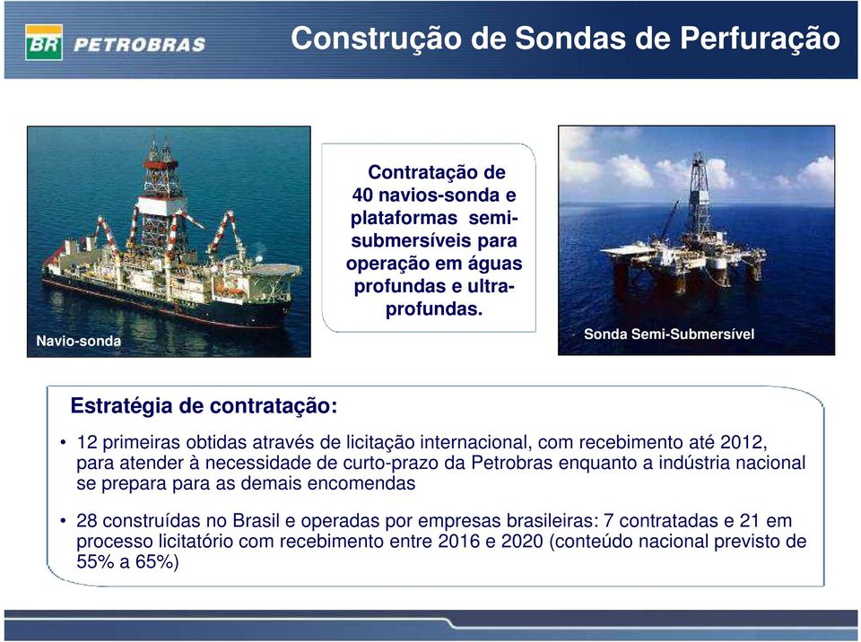 Sonda Semi-Submersível Estratégia de contratação: 12 primeiras obtidas através de licitação internacional, com recebimento até 2012, para atender à