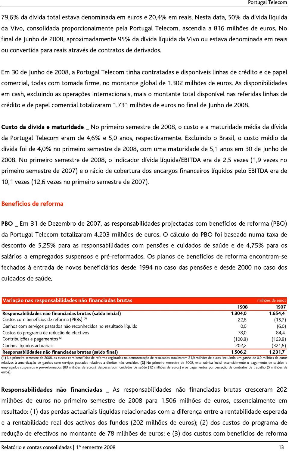 No final de Junho de 2008, aproximadamente 95% da dívida líquida da Vivo ou estava denominada em reais ou convertida para reais através de contratos de derivados.