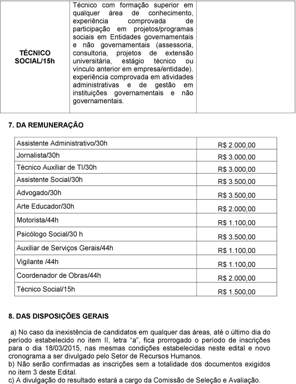 experiência comprovada em atividades administrativas e de gestão em instituições governamentais e não governamentais. 7. DA REMUNERAÇÃO Assistente Administrativo/30h R$ 2.000,00 Jornalista/30h R$ 3.