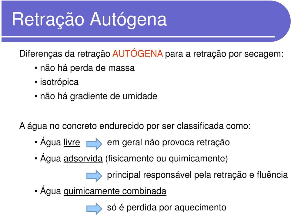 como: Água livre em geral não provoca retração Água adsorvida (fisicamente ou quimicamente)