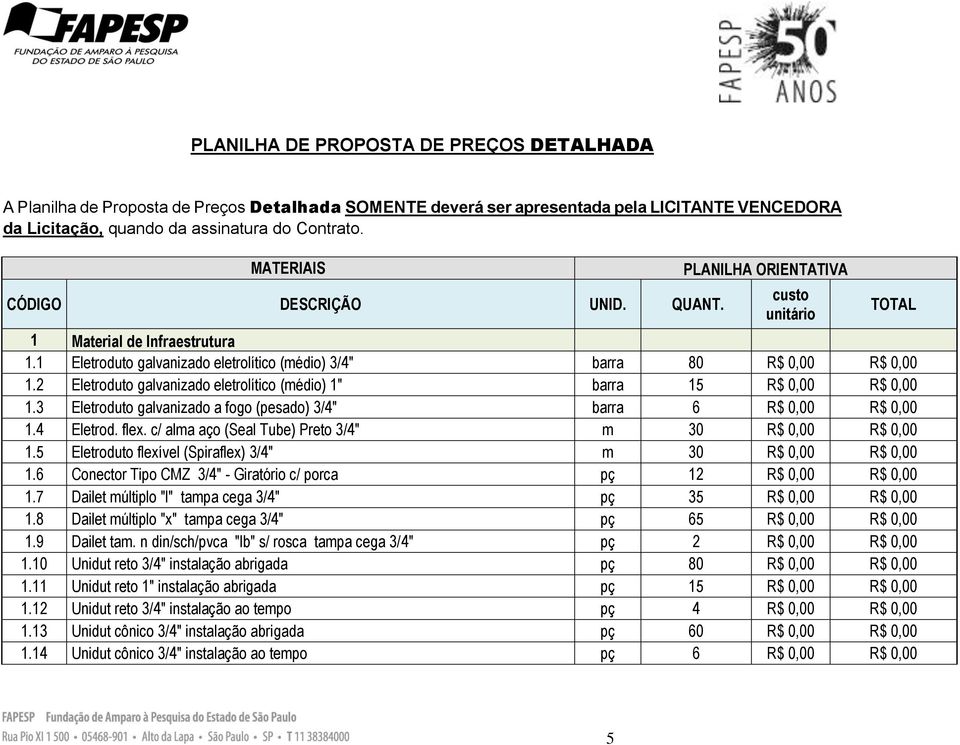 2 Eletroduto galvanizado eletrolítico (médio) 1" barra 15 R$ 0,00 R$ 0,00 1.3 Eletroduto galvanizado a fogo (pesado) 3/4" barra 6 R$ 0,00 R$ 0,00 1.4 Eletrod. flex.