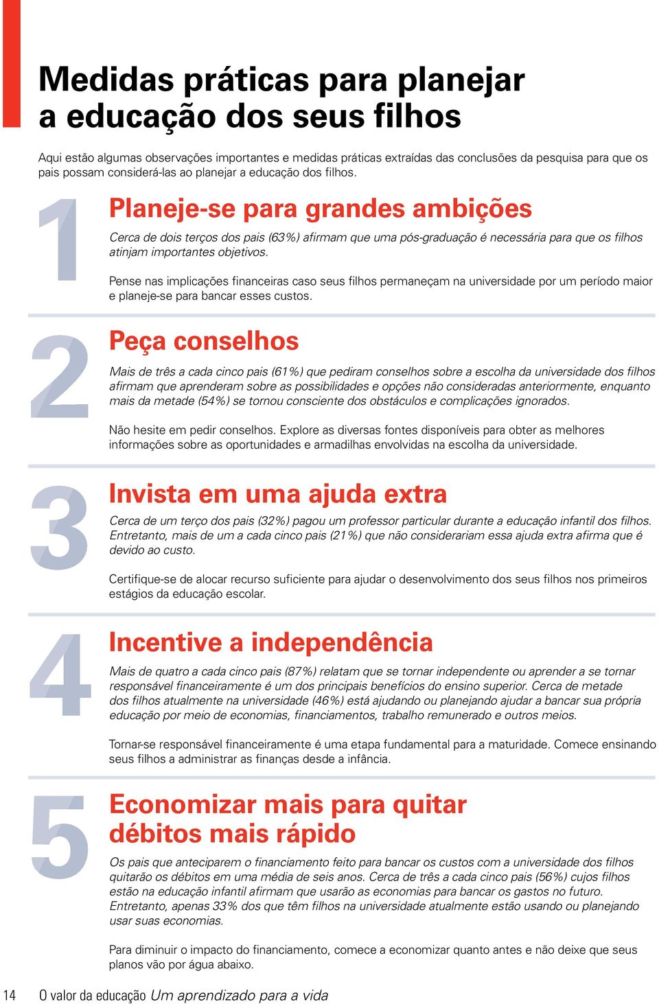 1 2 3 4 Planeje-se para grandes ambições Cerca de dois terços dos pais (63%) afirmam que uma pós-graduação é necessária para que os filhos atinjam importantes objetivos.