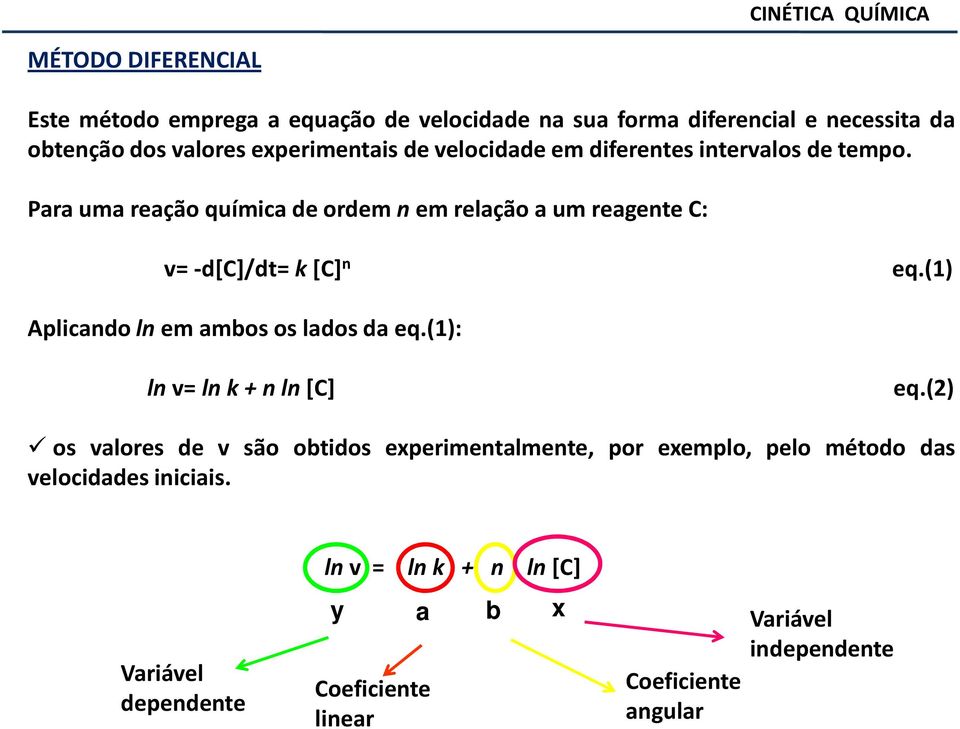 PrumreçãoquímicdeordemnemrelçãoumregenteC: v-d[c]/dtk[c] n eq.() Aplicndolnemmbososldosdeq.(): lnvlnk+nln[c] eq.