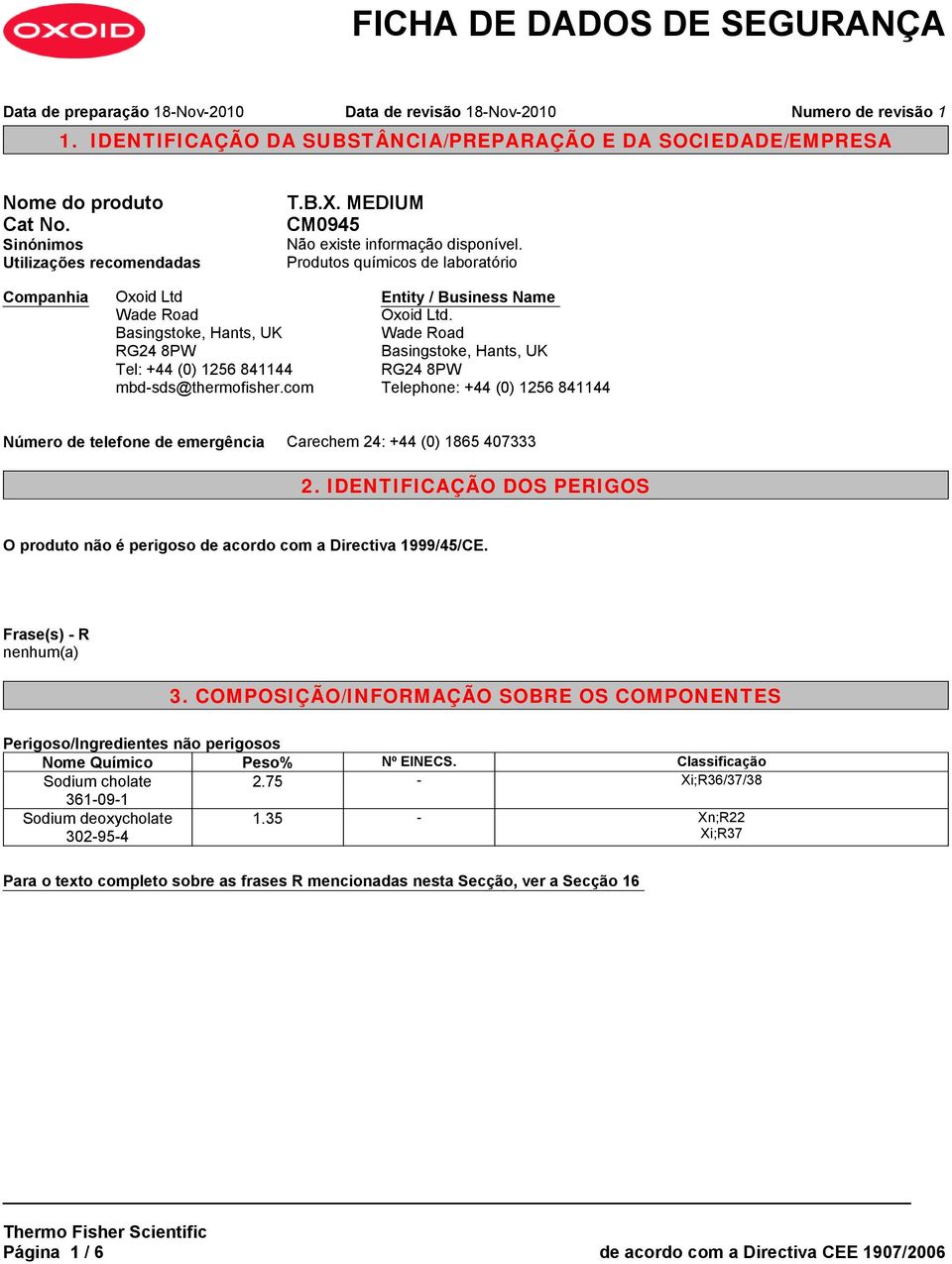 com Entity / Business Name Oxoid Ltd. Wade Road Basingstoke, Hants, UK RG24 8PW Telephone: +44 (0) 1256 841144 Número de telefone de emergência Carechem 24: +44 (0) 1865 407333 2.