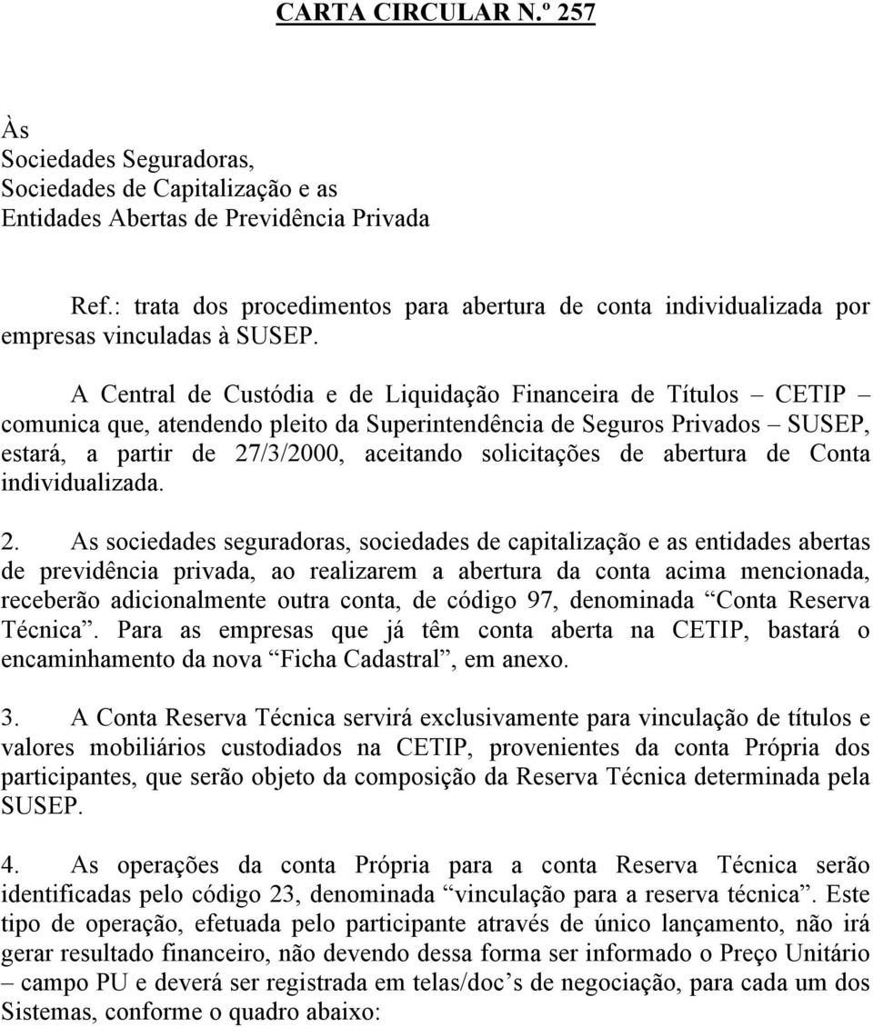 A Central de Custódia e de Liquidação Financeira de Títulos CETIP comunica que, atendendo pleito da Superintendência de Seguros Privados SUSEP, estará, a partir de 27/3/2000, aceitando solicitações