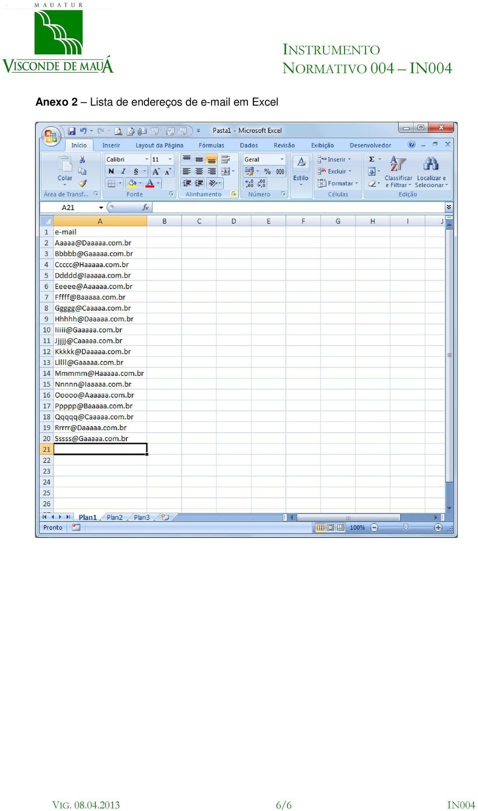 e-mail em Excel