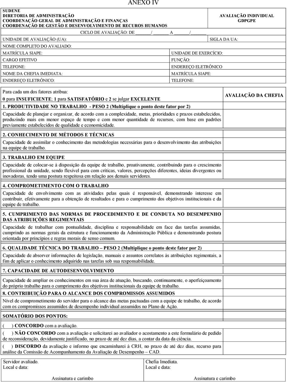 TELEFONE: AVALIAÇÃO INDIVIDUAL GDPGPE SIGLA DA UA: Para cada um dos fatores atribua: 0 para INSUFICIENTE; 1 para SATISFATÓRIO e 2 se julgar EXCELENTE 1.