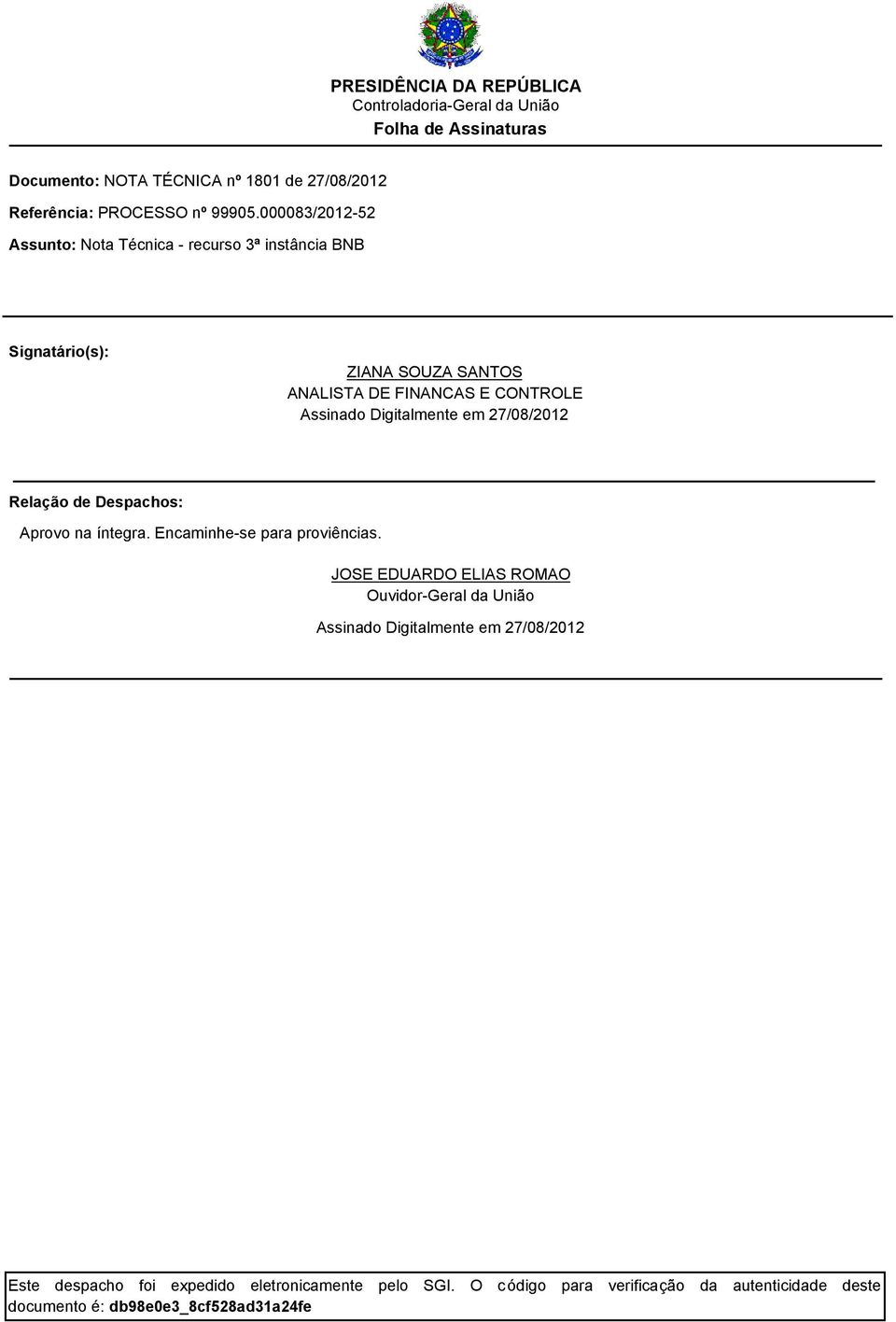 Digitalmente em 27/08/2012 Relação de Despachos: Aprovo na íntegra. Encaminhe-se para proviências.