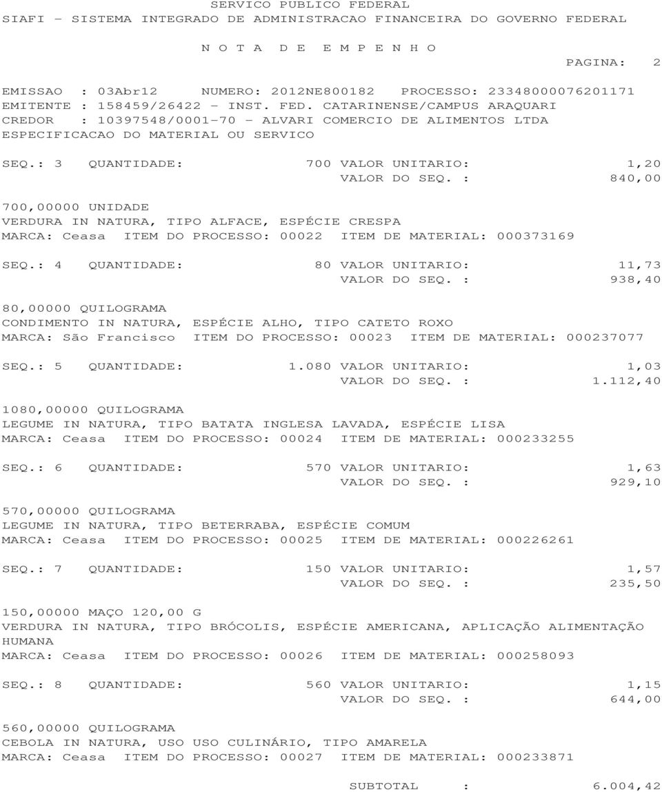 : 938,40 80,00000 QUILOGRAMA CONDIMENTO IN NATURA, ESPÉCIE ALHO, TIPO CATETO ROXO MARCA: São Francisco ITEM DO PROCESSO: 00023 ITEM DE MATERIAL: 000237077 SEQ.: 5 QUANTIDADE: 1.