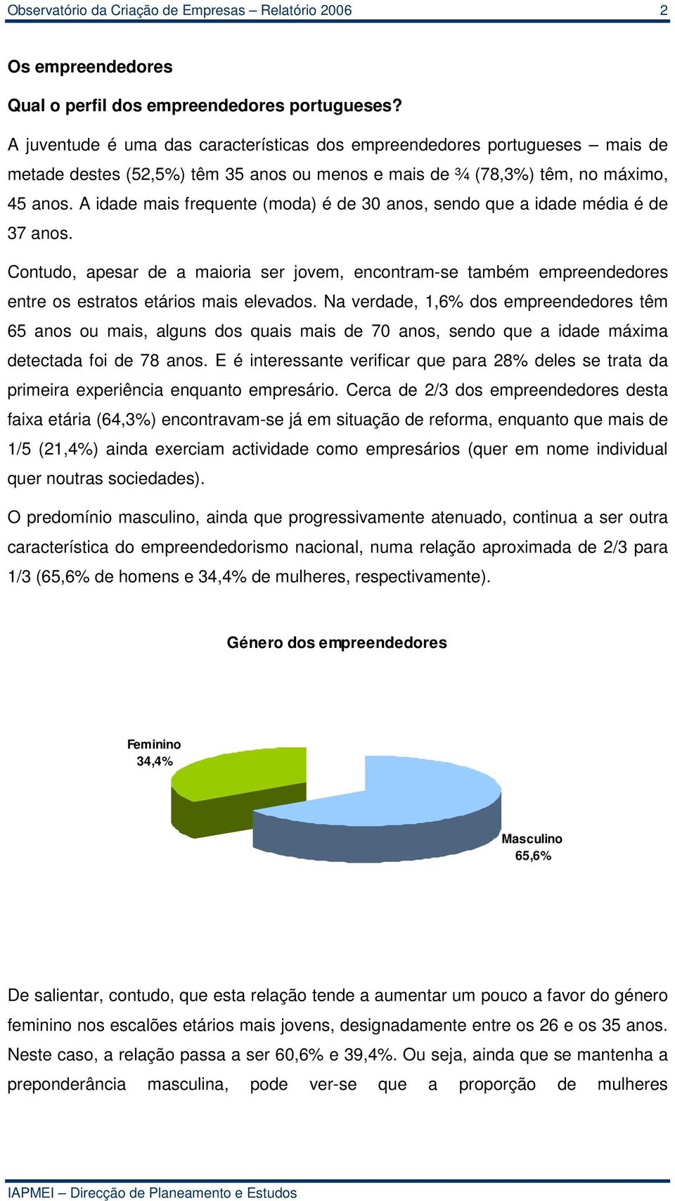 A idade mais frequente (moda) é de 30 anos, sendo que a idade média é de 37 anos. Contudo, apesar de a maioria ser jovem, encontram-se também empreendedores entre os estratos etários mais elevados.