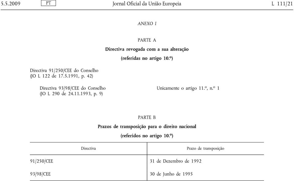 o ) Directiva 93/98/CEE do Conselho (JO L 290 de 24.11.1993, p. 9) Unicamente o artigo 11. o, n.